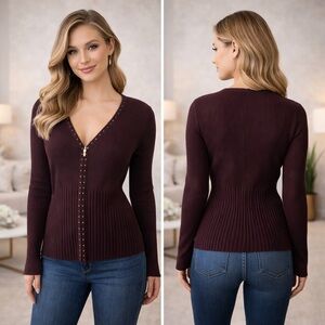 Belldini Brown Studded V-Neck Cardigan Size S